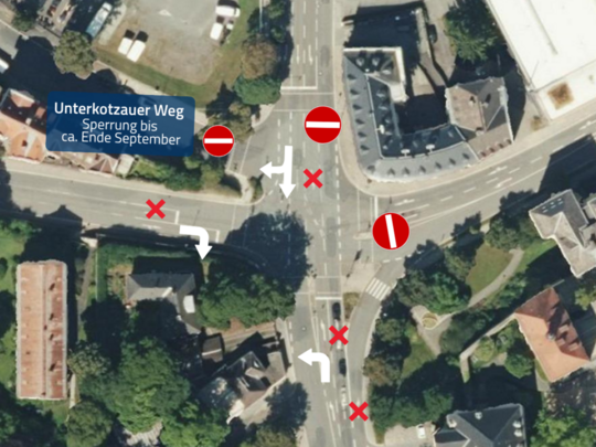 Auf dem Bild ist eine Straßenkarte mit Sperrungen zu sehen.