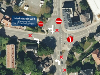 Auf dem Bild ist eine Straßenkarte mit Sperrungen zu sehen.
