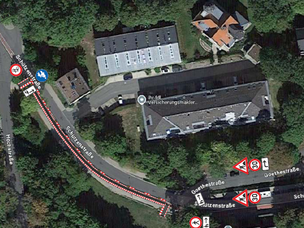 Das Bild zeigt eine Satellitenansicht von Schützenstraße und Hochstraße.