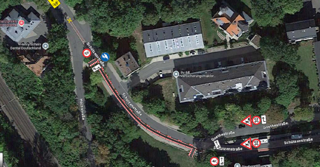 Das Bild zeigt eine Satellitenansicht von Schützenstraße und Hochstraße.
