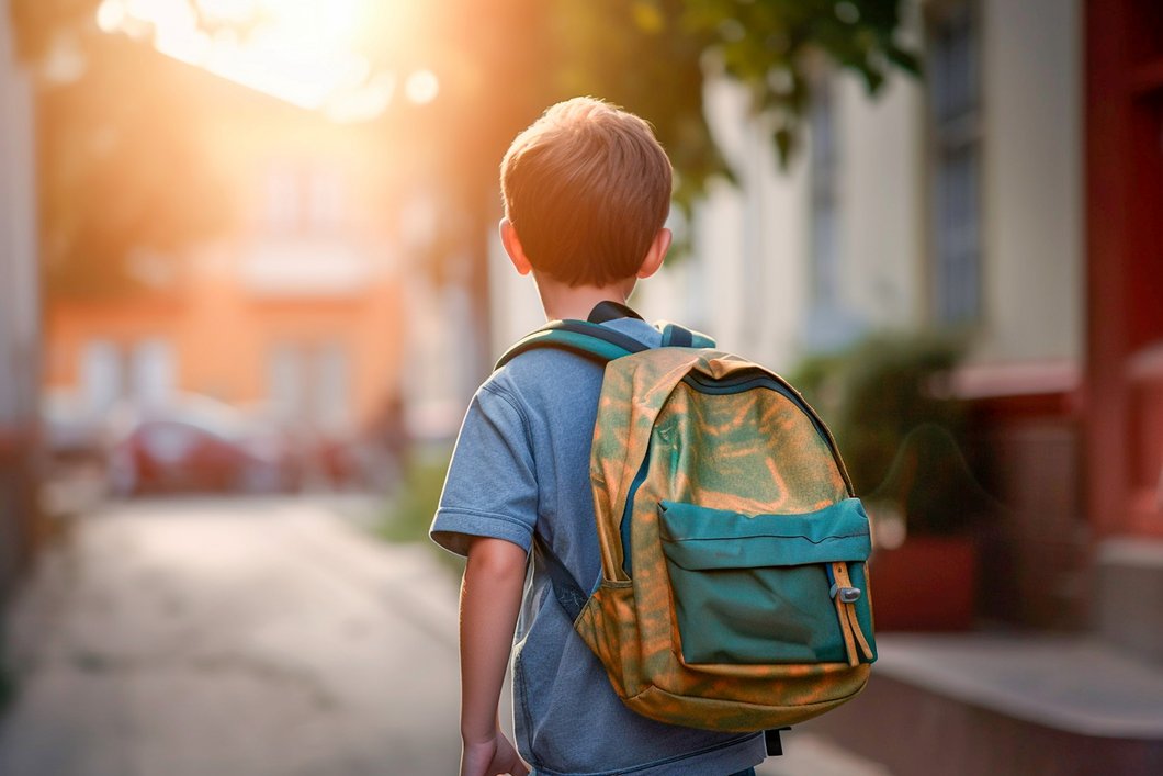Das Bild zeigt einen Jungen mit Rucksack von hinten.