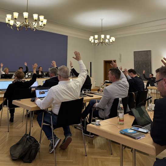 Auf dem Bild sind Personen in einem Sitzungssaal zu sehen, die die Hände zu einer Abstimmung heben.