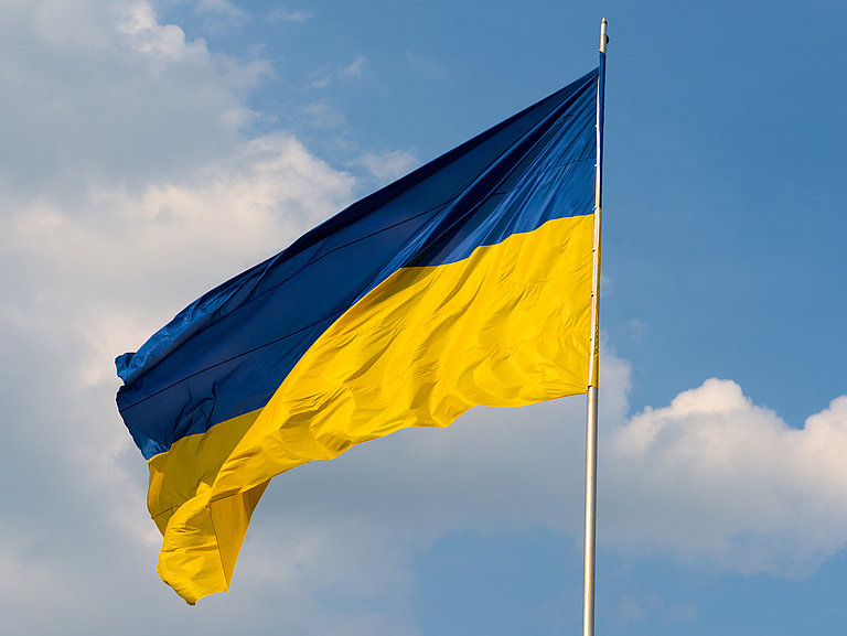 Auf diesem Foto ist ein Ukraine Flagge zu sehen